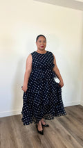 Retro Polka Dot Tiered Maxi Dress – Navy