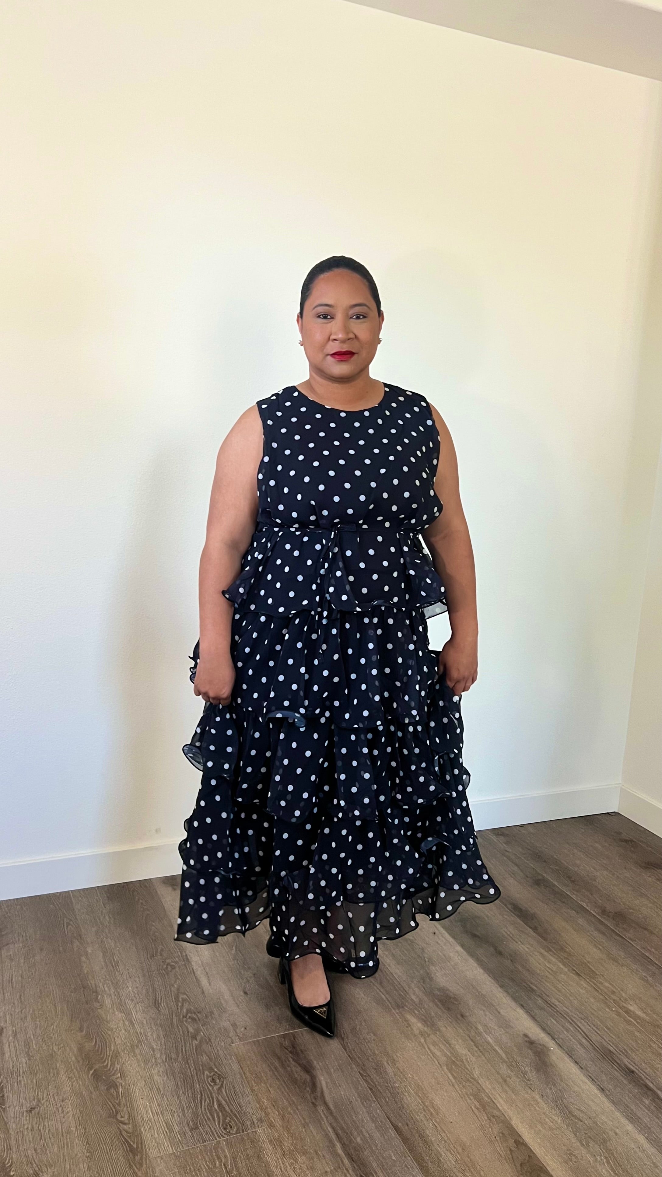 Retro Polka Dot Tiered Maxi Dress – Navy